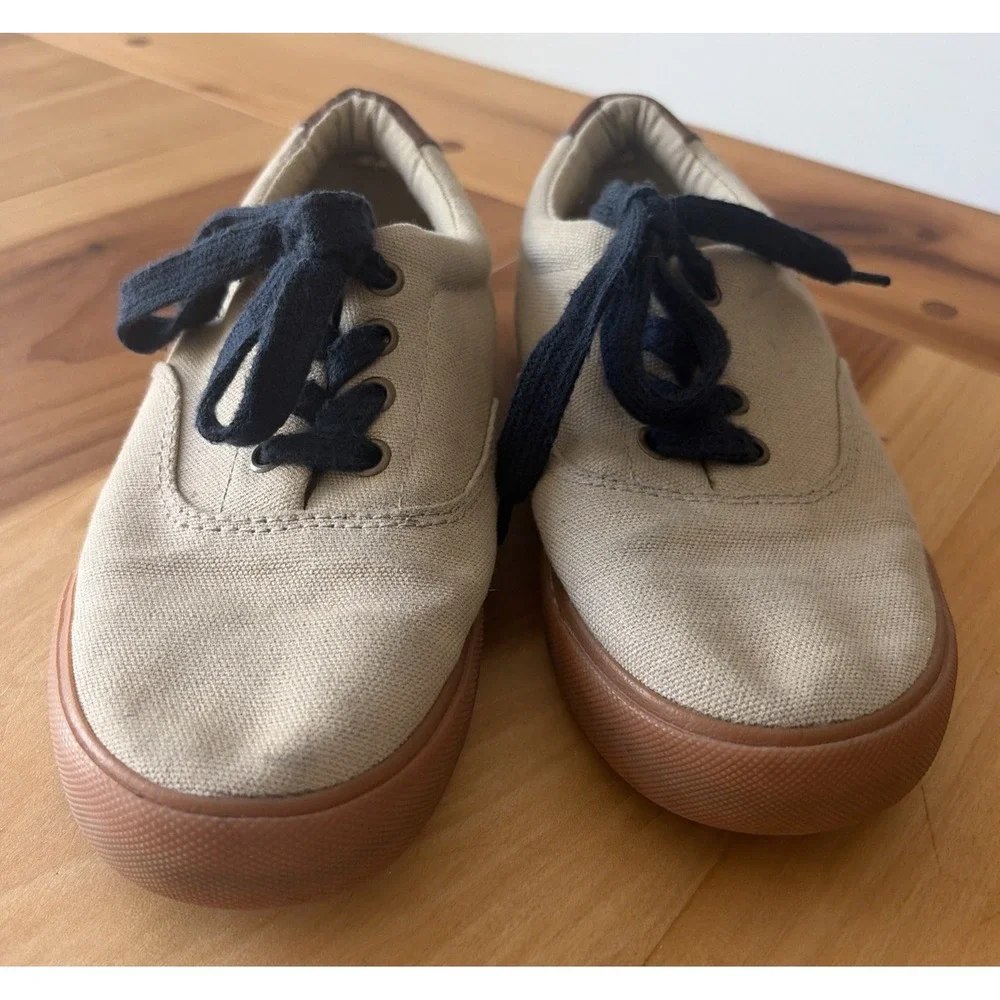 Polo Ralph Lauren Youth Sz 3 Khaki Beige Navy Canvas Tennis Shoes Sneakers Logo